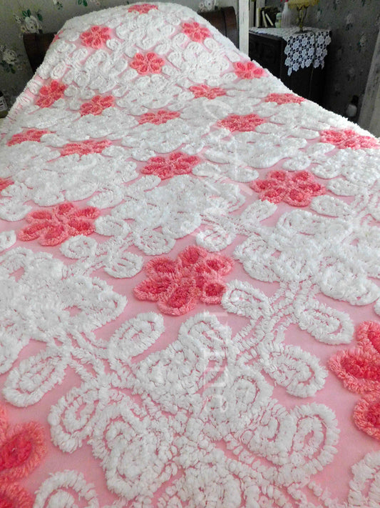 Cottagecore Cupcake Pink Vintage Chenille Bedspread, Full Size Bedding, Fluffy Swirls & Twirls of Curlicues, Flowers