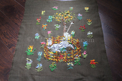 Unicorn in Captivity Completed Paragon Embroidery, Rare Crewel Stitchery, Medieval Old World Tapestry Style Adaptation