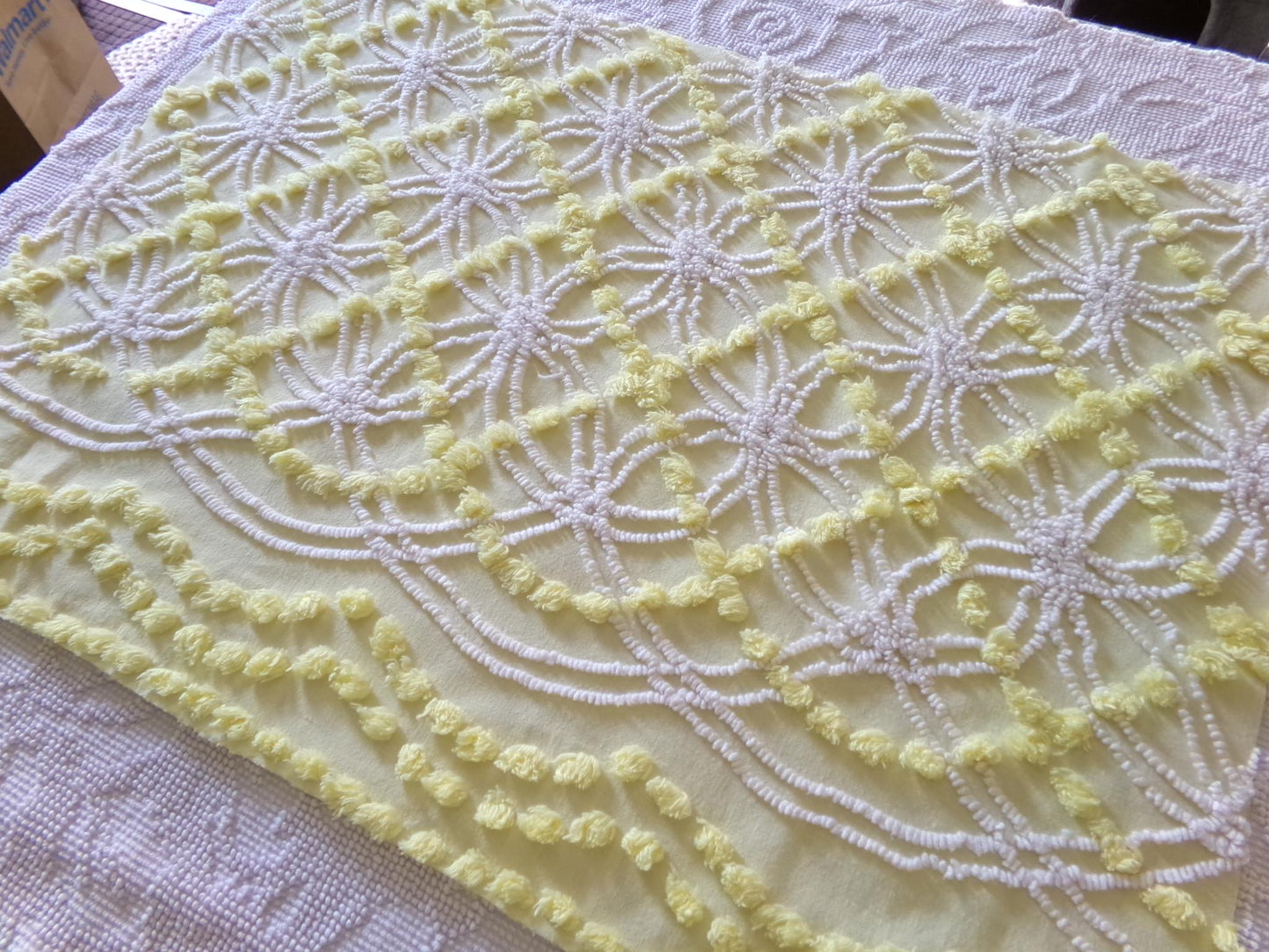 springtime yellow & white chenille fabric, vintage 27" x 21" inch piece of quilt material with fluffy pops, needletuft spider rings