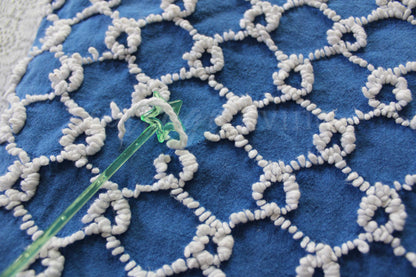 Chain Link Cobalt Blue Vintage Chenille Fabric, 20" x 24"' inch piece, White Needletufted Links on Ultra Lightweight Cotton