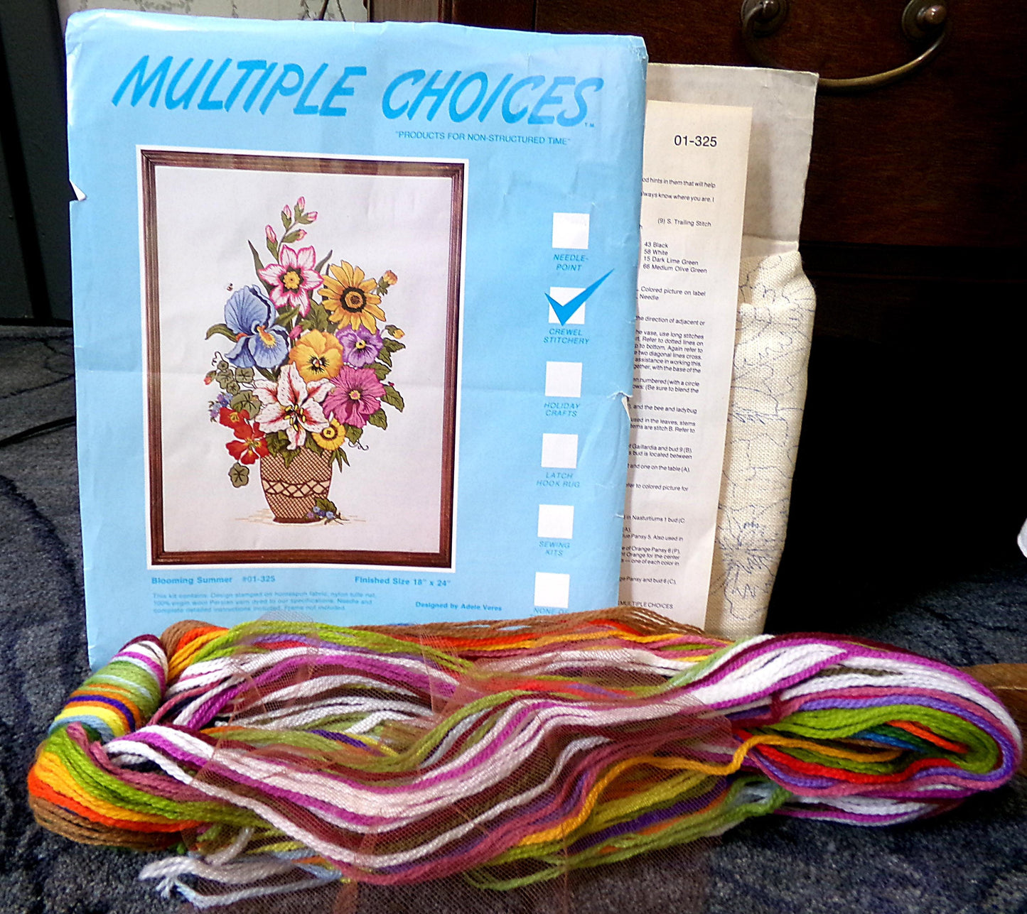 BLOOMING SUMMER Crewel Embroidery Kit, Rare Vintage Multiple Choices Floral Stitchery 01-325, Adele Veres design