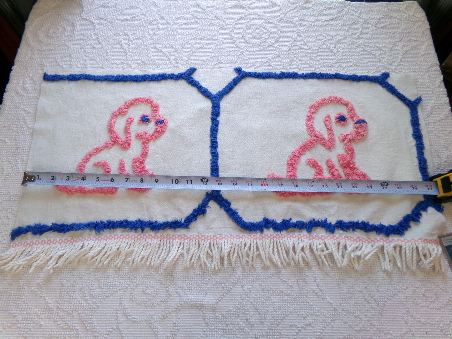 dog lovers! Pink Puppy Dogs Vintage Chenille Fabric, Pair of Puppies on Cotton Feedsack, 12" x 26" Piece for Handmade Quilts, DIY Pillows