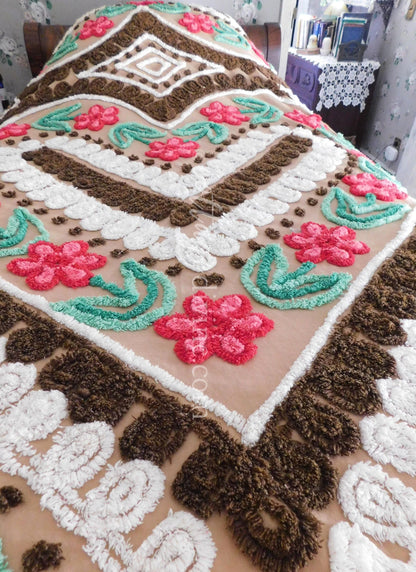 Chocolate Cherry Heart Cake Midcentury Vintage Chenille Bedspread, Cotton, Full Size