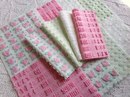 fairytale pink & green chenille fabric squares, set of 12 vintage 6" quilt blocks in crafty girl's dozen, popular squiggles, rosebud, dots