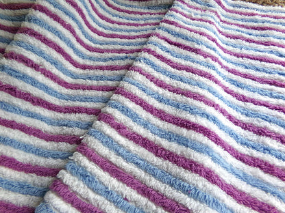 Blue Raspberry Striped Vintage Chenille Fabric, 18" x 24" Piece, Soft Plush Stripes