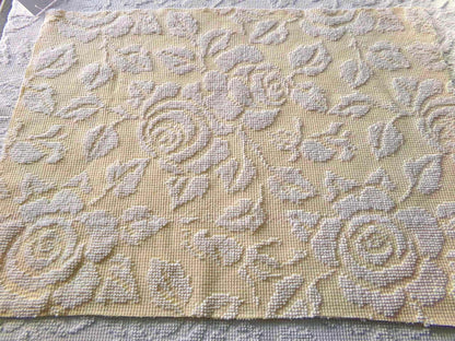 Pastel Yellow & White Cabbage Rose Vintage Woven Chenille Fabric, 24" x 18" inch Piece, Versatile Material in Quilts, Pillows, Tote Bags