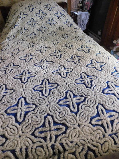 Gothic Cobalt Blue Chenille Bedspread, Hofmann Vintage Full Size Bedding, 100% cotton