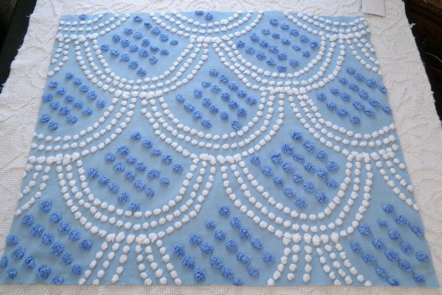 seashell pearls fabric, 20" x 24" inch piece cut from vintage chenille bedspread, beautiful blue & white scallop tufted design