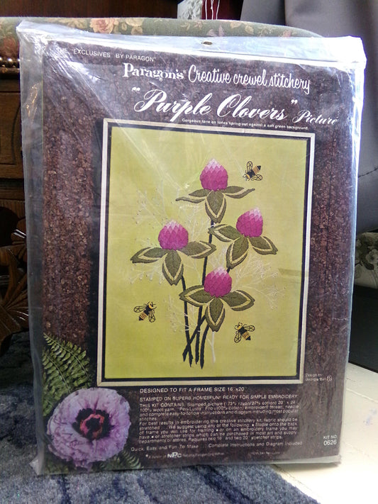 PURPLE CLOVERS Crewel Embroidery Kit, Boho Vintage Paragon Needlecraft Creative Stitchery #0626