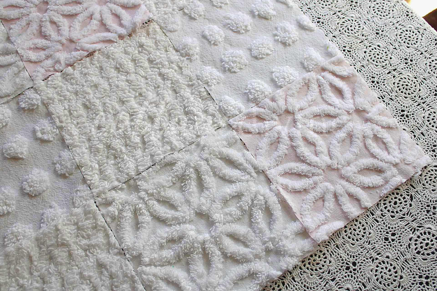 Baby's Breath Chenille Fabric Squares Set in White & Pink, Cut from Vintage Chenille Bedspread Material, 16 Blocks, 6" x 6" inch each