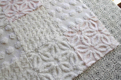 Baby's Breath Chenille Fabric Squares Set in White & Pink, Cut from Vintage Chenille Bedspread Material, 16 Blocks, 6" x 6" inch each