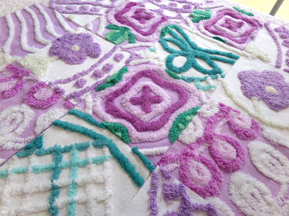 vintage chenille fabric squares: set of 16 lavender & lilacs, teal white cotton 6" quilt blocks