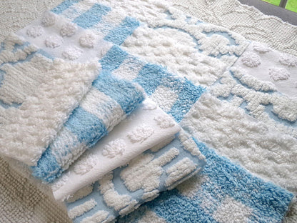country gal chenille fabric squares, 16 vintage 6" quilt blocks in cool blue & white, for sewing, crafts, fiber arts