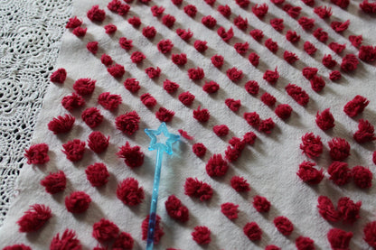 Fabulous Red Wine Vintage Chenille FABRIC PIECE, 21" x 27" inches, Handtufted Diamond Circle Puffs