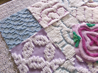 sleep softly chenille fabric squares, serene blue, lilac & white, 17 vintage quilt blocks 6" x 6" inch, for pillows, quilting, crafts