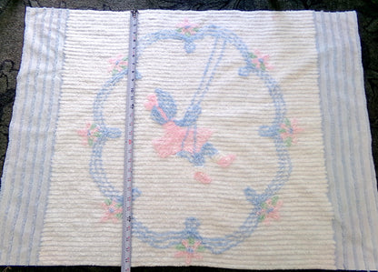 vintage chenille fabric panel: carefree little girl on swing in cameo of pink lilies, 28" x 38" large cut piece