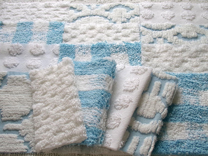 country gal chenille fabric squares, 16 vintage 6" quilt blocks in cool blue & white, for sewing, crafts, fiber arts