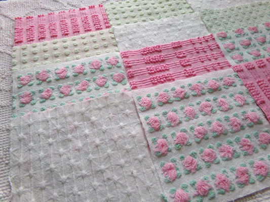 fairytale pink & green chenille fabric squares, set of 12 vintage 6" quilt blocks in crafty girl's dozen, popular squiggles, rosebud, dots