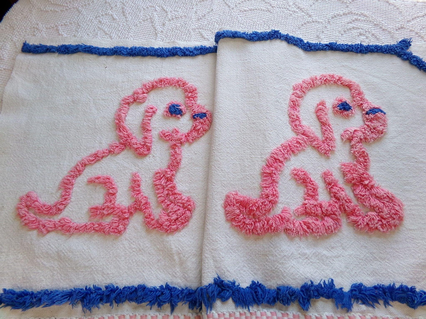 dog lovers! Pink Puppy Dogs Vintage Chenille Fabric, Pair of Puppies on Cotton Feedsack, 12" x 26" Piece for Handmade Quilts, DIY Pillows