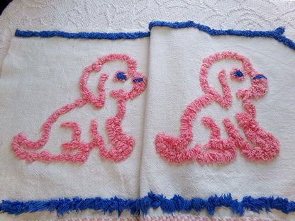 dog lovers! Pink Puppy Dogs Vintage Chenille Fabric, Pair of Puppies on Cotton Feedsack, 12" x 26" Piece for Handmade Quilts, DIY Pillows