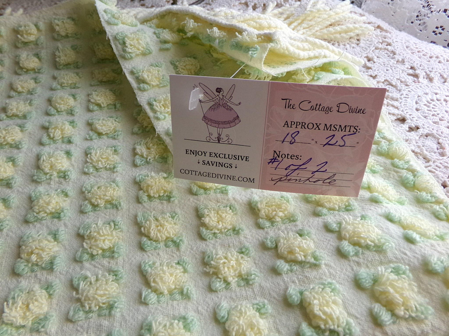 rosebud chenille fabric in radiant lemon chiffon, 18" x 25" piece of vintage quilt material with little yellow rosebuds