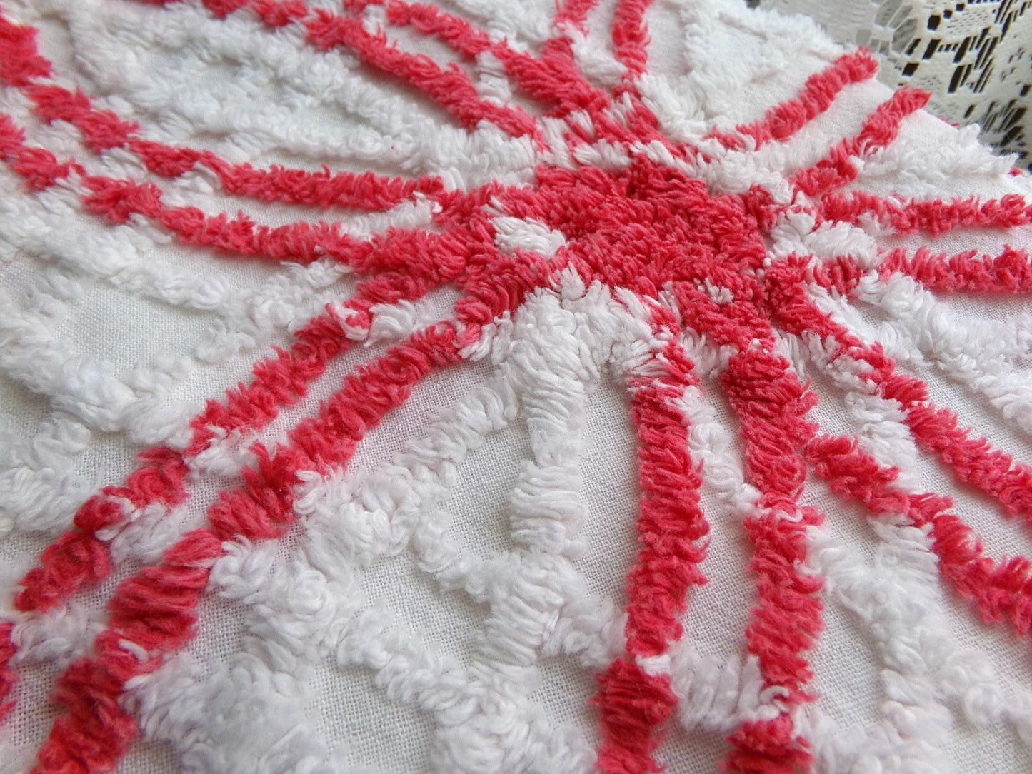 peppermint candy vintage chenille fabric, red & white wedding rings, 100% cotton, 20" x 25" inch piece, great in Christmas stockings, quilts