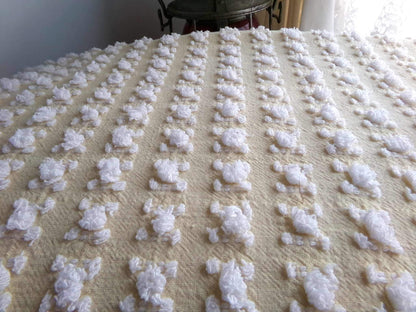 Buttercup Yellow White Rosebud Vintage Chenille Fabric, Cottage Style Tufted Roses, 12" x 24" inch Piece