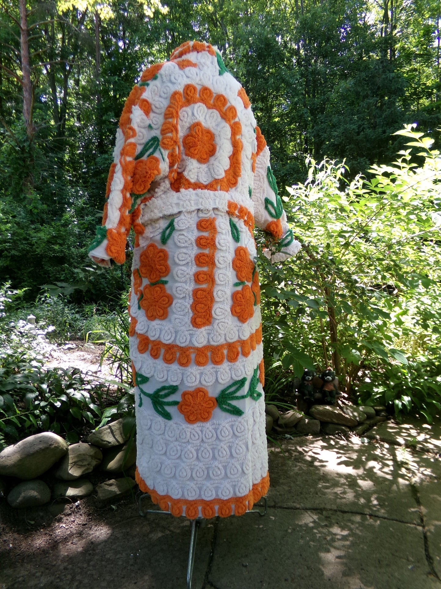 Plush & Warm Women's Chenille Robe, "Citrus Dreams" Bathrobe Upcycled from Vintage Chenille Bedspread Fabrics, Size L XL 1X