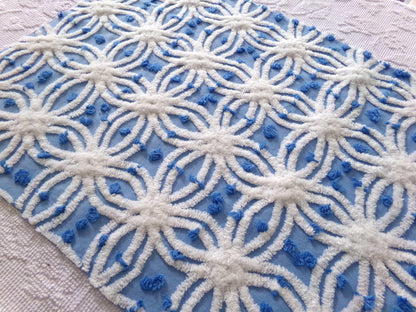 coastal chic blue vintage chenille fabric, white tufted spider rings & little pops, 24" x 18" inch piece