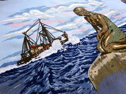 Vintage THE MERMAID Finished Crewel Embroidery Piece, Completed Paragon 0411 Stitchery, Adele Veres 1970s Design