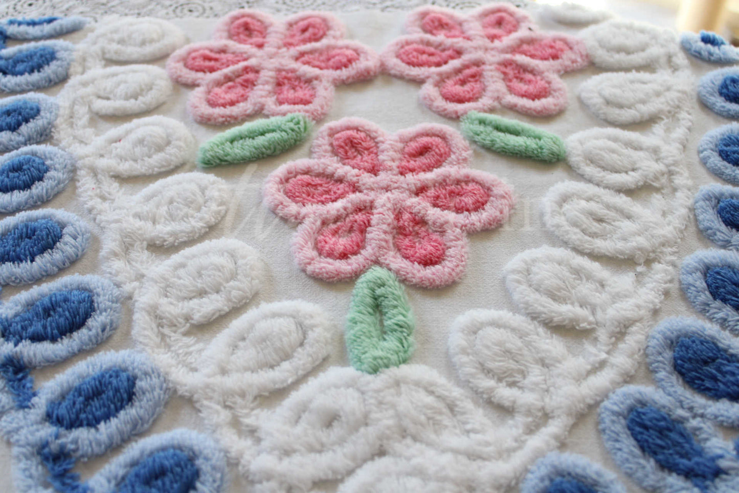 Cottage Hearts & Pink Roses Vintage Chenille Fabric, Classic 50s Design, 38" x 18" inch LARGE piece