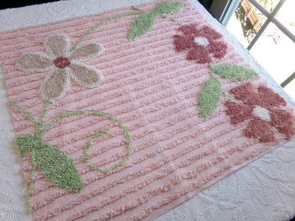 Rosy Pink Floral Vintage Chenille Fabric, Wideset Climbing Daisy Flower Design, 25" x 24" inch Piece of Cotton Sewing Material
