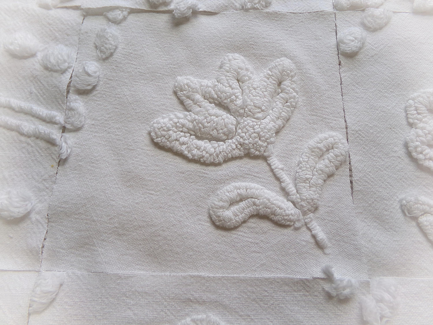 vintage 6" chenille fabric squares, "whispers of white" set of 16 quilt blocks in florals & geometrics