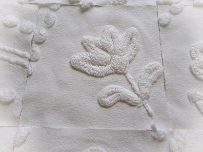 vintage 6" chenille fabric squares, "whispers of white" set of 16 quilt blocks in florals & geometrics