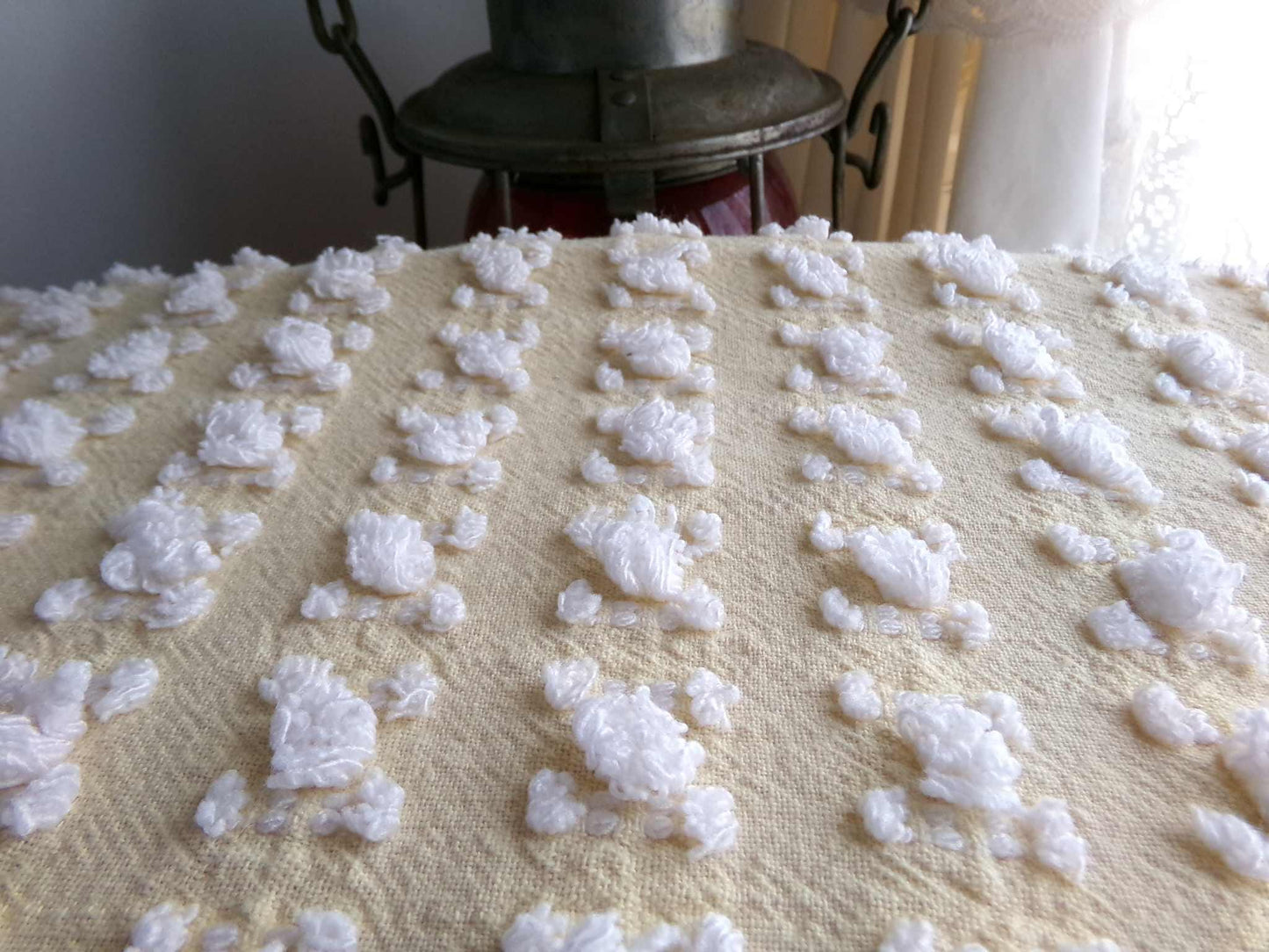 Buttercup Yellow White Rosebud Vintage Chenille Fabric, Cottage Style Tufted Roses, 12" x 24" inch Piece