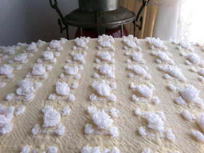 Buttercup Yellow White Rosebud Vintage Chenille Fabric, Cottage Style Tufted Roses, 12" x 24" inch Piece