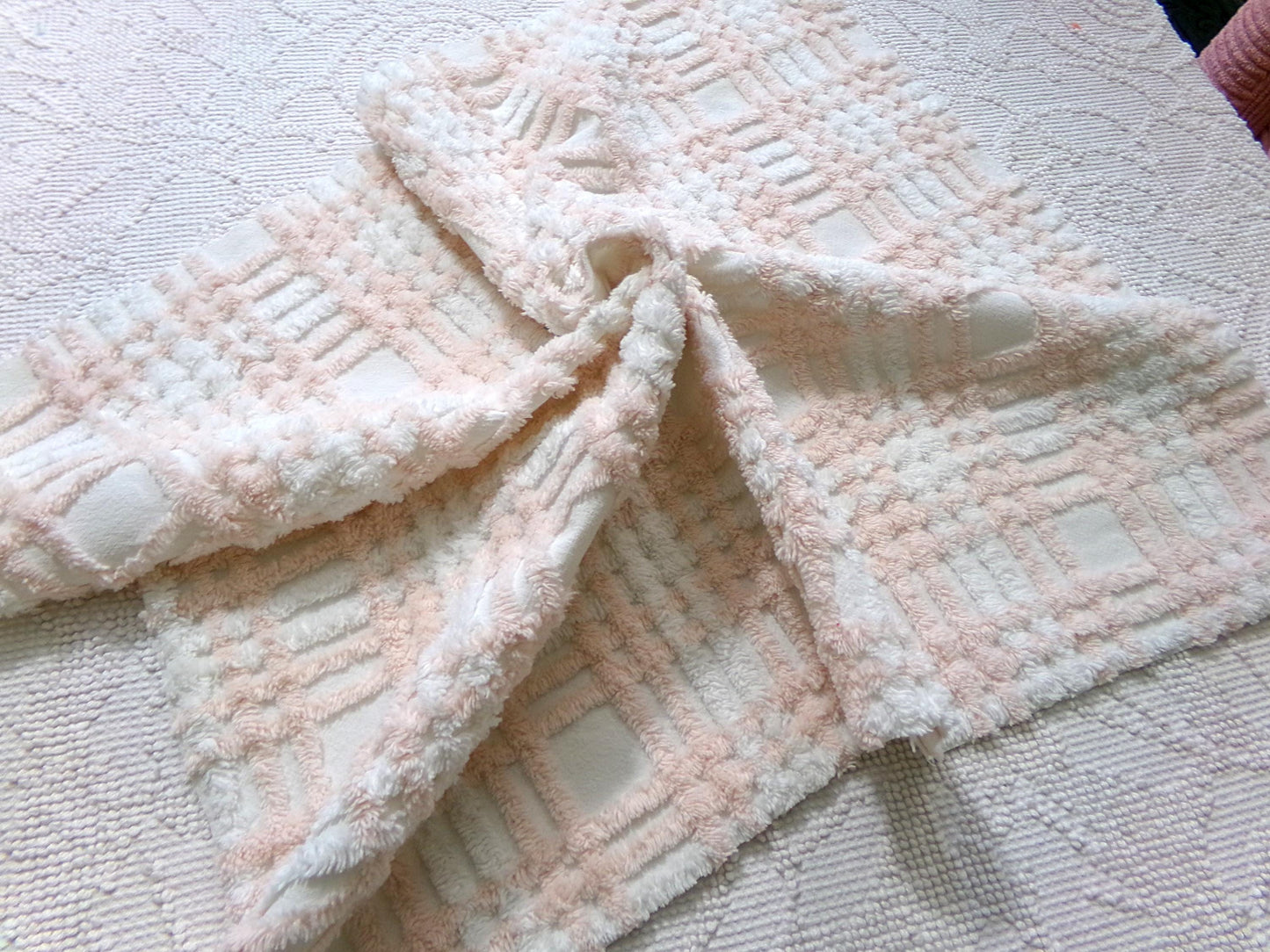 snuggly vintage chenille fabric, summery cottage plaid pattern, 18" x 24" cut piece