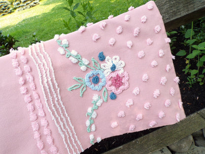 Vintage Rosy Floral Dot Chenille Fabric, 33" x 16"-inch Piece, Cabin Crafts, Cotton