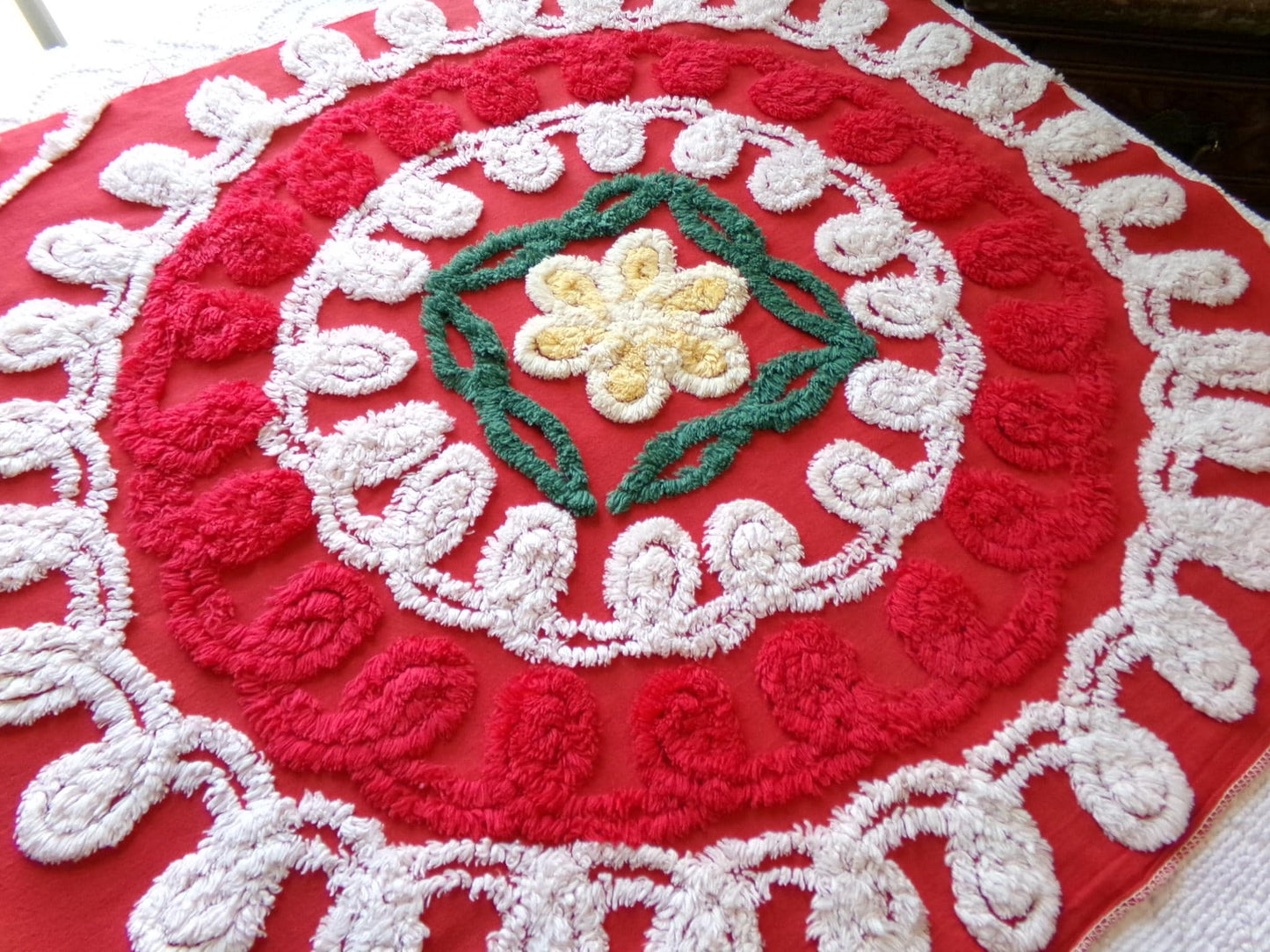 passion red vintage chenille fabric, large circular labyrinth of curlicues, large 32" x 23" cut piece for sewing, wall hanging, quilts