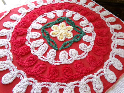 passion red vintage chenille fabric, large circular labyrinth of curlicues, large 32" x 23" cut piece for sewing, wall hanging, quilts
