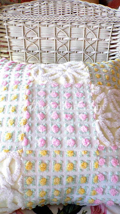 Daisy Rose Romantic Cottage Chenille Pillow Cover 16" x 16" inch Square, REVERSIBLE Accent Pillow, Vintage Shabby Patchwork Design