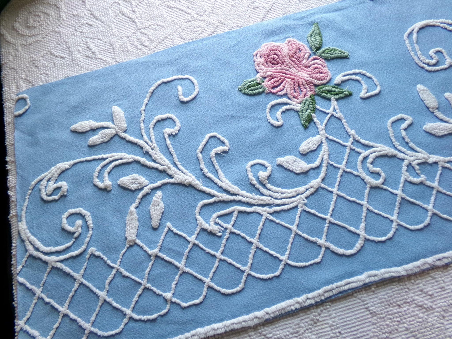 enchanted pink rose vintage chenille fabric, blue floral sewing material, 15" x 30" inch piece for wallhanging, quilts, fiber arts