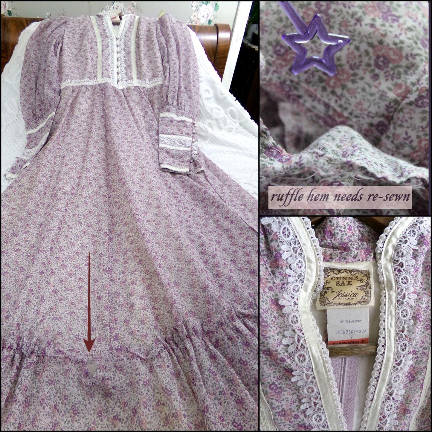 beautiful vintage Gunne Sax maxi dress, 1970s prairie style boho wildflower calico print, XXS