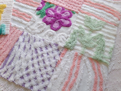 springtime mix 6" chenille squares, peach, white & purple set of 17 craft quilt blocks cut from vintage chenille bedspread fabrics