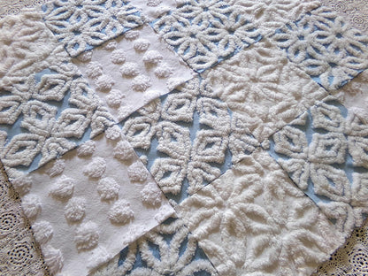 Breezy Blue & White Chenille Fabric Squares Set, 16 Vintage Quilt Blocks, 6" x 6" inches each, for Quilting, Sewing, DIY Pillows