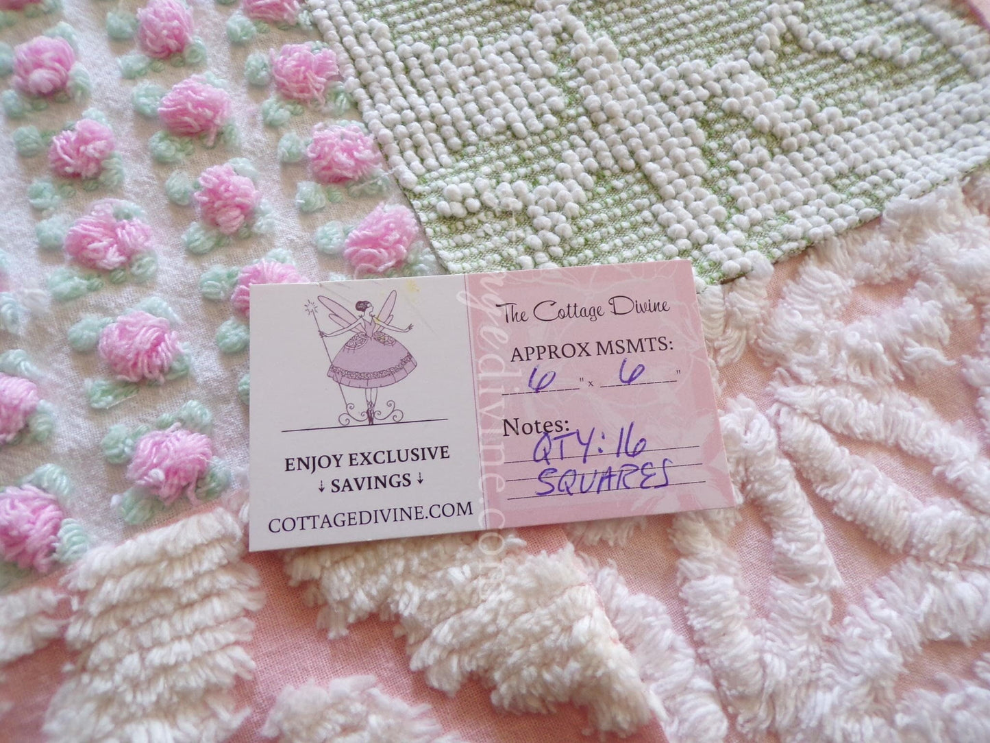 pink & green chenille fabric squares, set of 16 vintage quilt blocks 6" each, popular spring daisy, rosebud and hobnail patterns