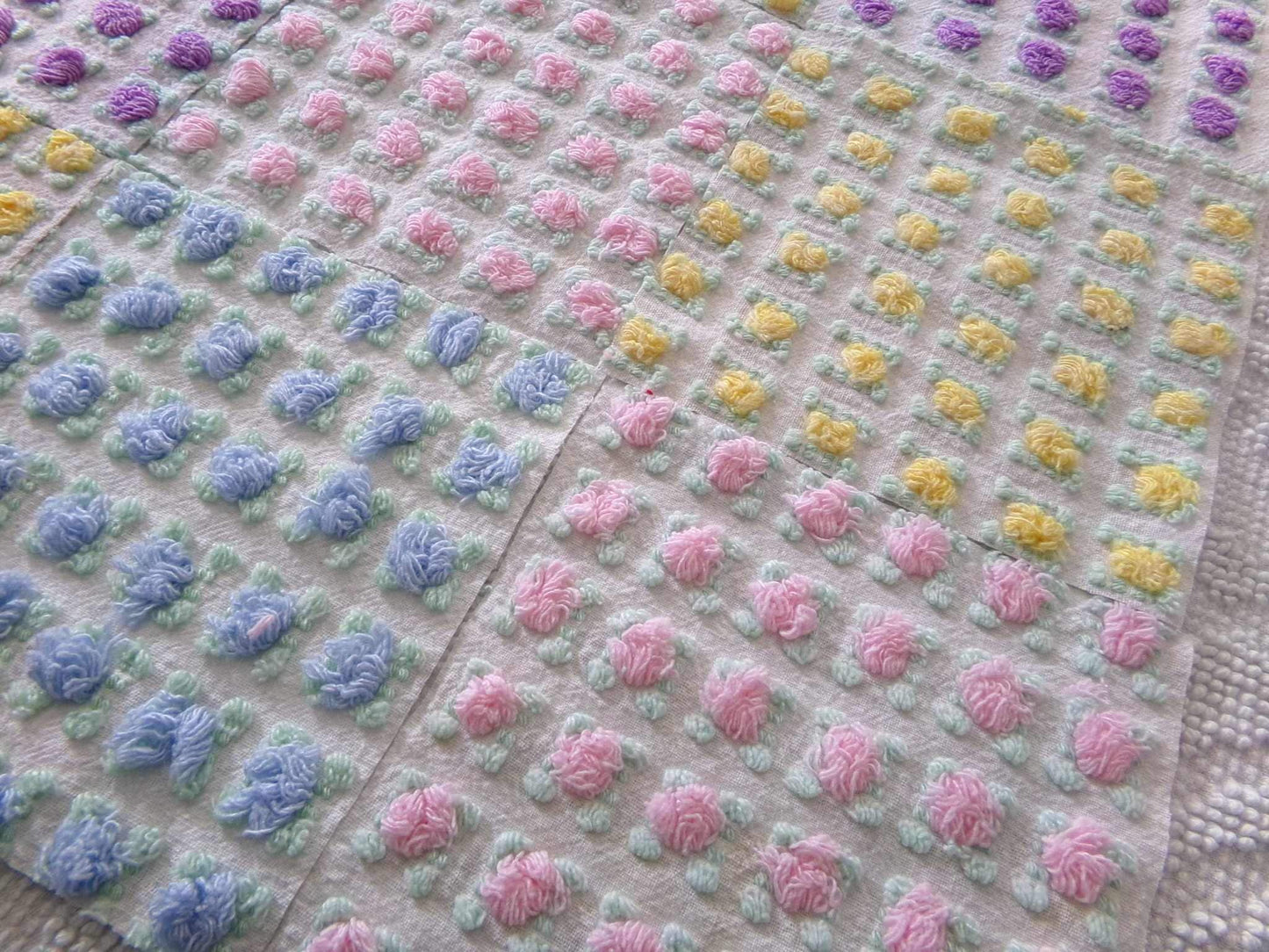 Premium Rosebuds Medley of chenille fabric squares, quilt square set cut from Vintage Chenille Bedspread Fabrics, 16 Blocks, 6" x 6" inch