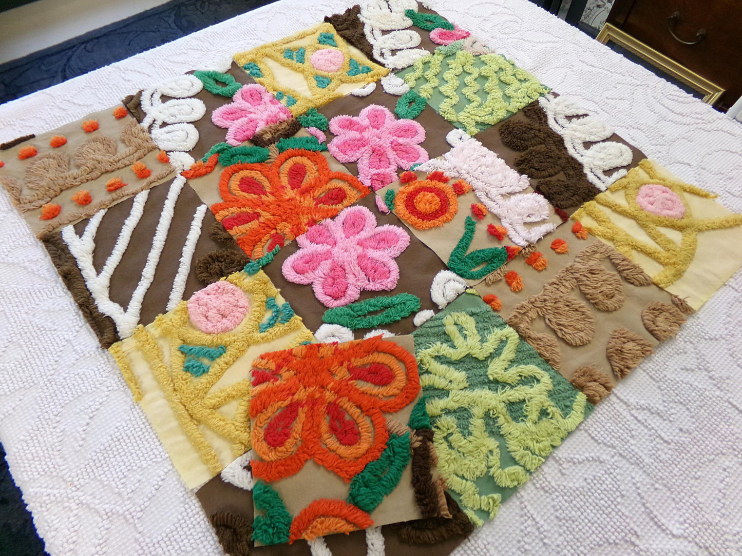 flower power vintage chenille fabric squares, set of 16 boho 70s style 6" blocks for arts & crafts, sewing