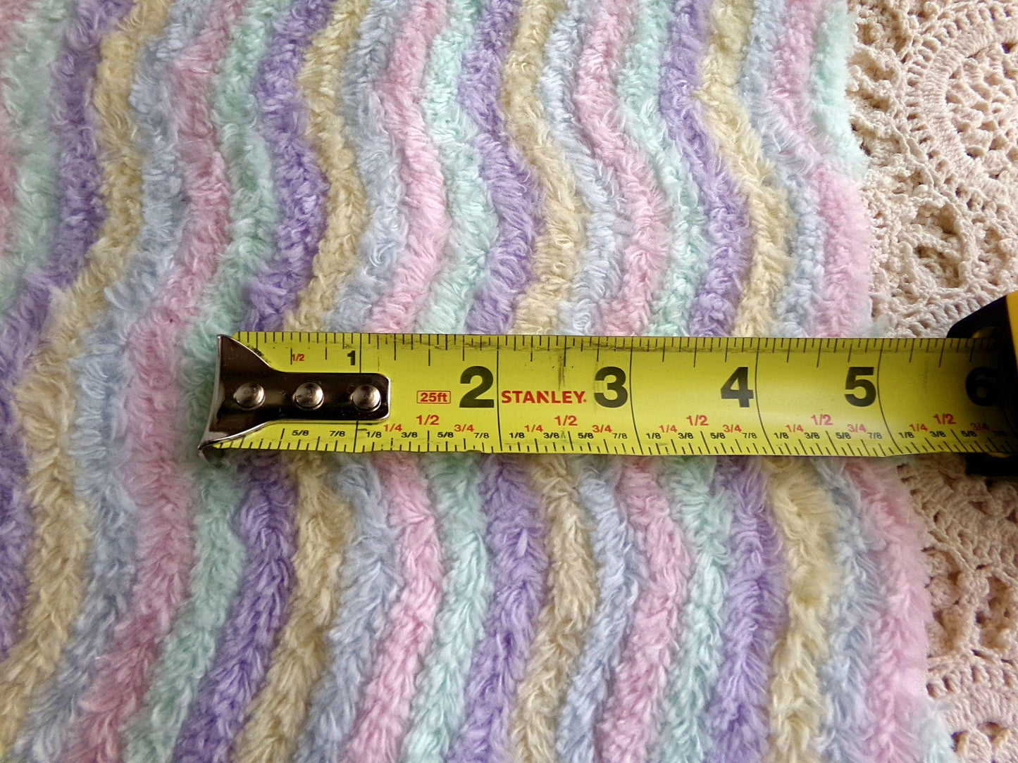 Pastel Rainbow Striped Chenille Fabric, Vintage Lilac, Yellow, Mint Green, Sky Blue & Pink Ripple 18" x 24" piece, sewing quilt material
