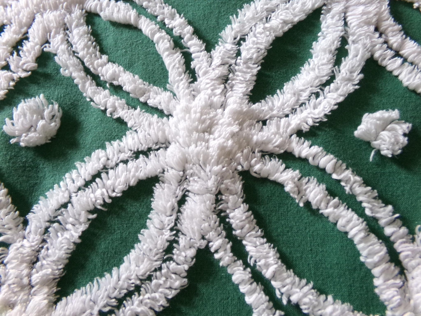 gorgeous green vintage chenille fabric, tufted white wedding rings, fluffy dots on evergreen, 20"x 27" inch piece of quilt & sewing material